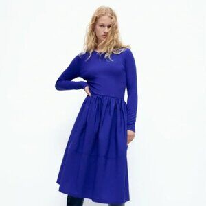 Zara Ribbed Mixed Media Fit & Flare Midi Dress Size S Blue Long Sleeve Stretch